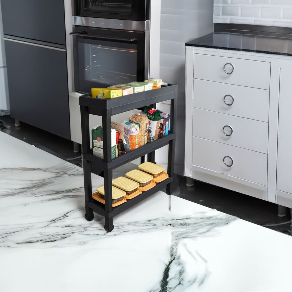 Carro plástico negro 3 niveles 37x24,5x65,7cm